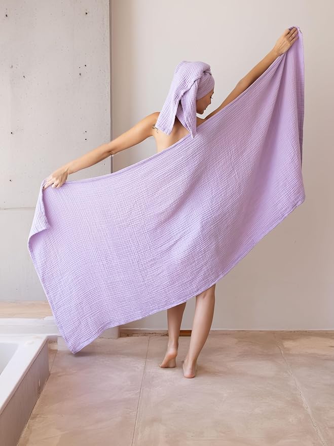 Muslin Bath Towels Pack of 2-32"x67" Inch Large Size, 100% Turkish Cotton, Thin, Soft, Quick-Dry, Lint-Free, Muslin Bathroom Towels (Lilac, Pack of 2 Bath Towels)