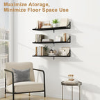 Fun Memories Floating Shelves, 32 x 8 Inches, Set of 3 Wall-Mounted Bookshelves with Metal Brackets, Decorative Storage for Home and Office (Black)