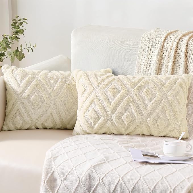 Pallene Beige Throw Pillow Covers 12x20 Set of 2, Soft Plush Faux Fur Decorative Lumbar Couch Pillow Covers for Sofa Bed Living Room Pillow Cases with 3D Diamond Pattern