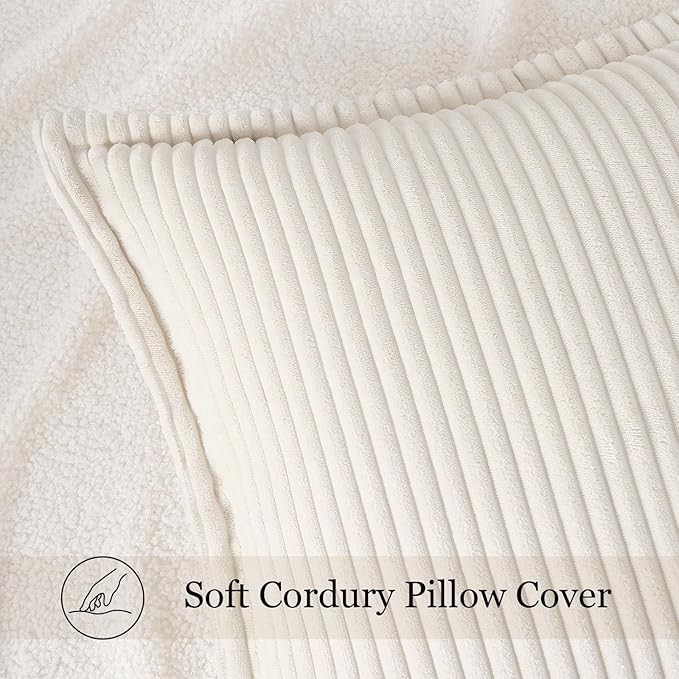 Mecatny Corduroy Christmas Throw Pillow Covers 18x18 Set of 2, Neutral Decorative Soft Boho Couch Pillow Covers with Broadside for Sofa Living Room, Cream White