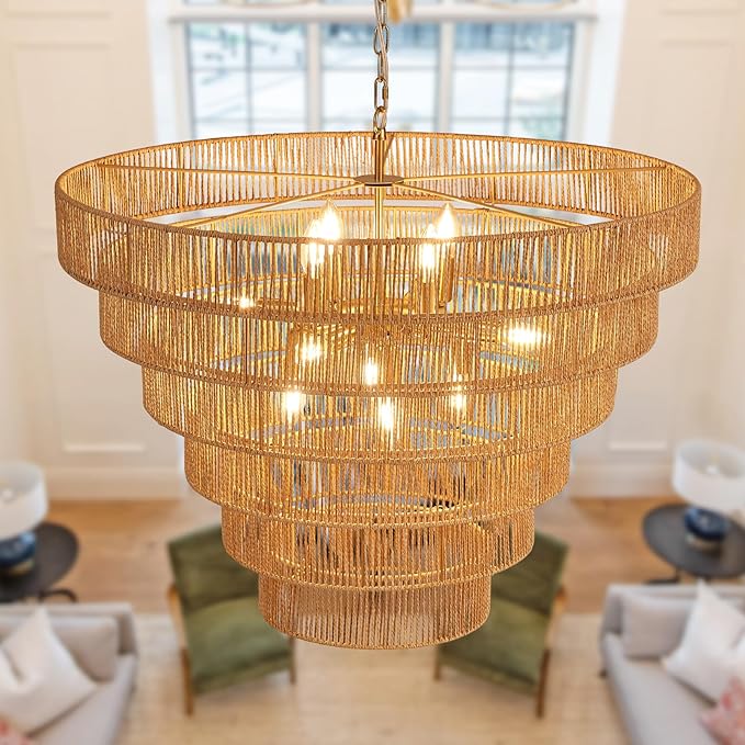 31.49" Large Rattan Chandelier Vintage Farmhouse 12-Lights Boho Hand-Woven Bamboo Chandeliers Light Fixture Rustic Wicker Rattan Golden Chandelier for Dining Room, Kitchen, Living Room, E12