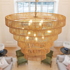 31.49" Large Rattan Chandelier Vintage Farmhouse 12-Lights Boho Hand-Woven Bamboo Chandeliers Light Fixture Rustic Wicker Rattan Golden Chandelier for Dining Room, Kitchen, Living Room, E12