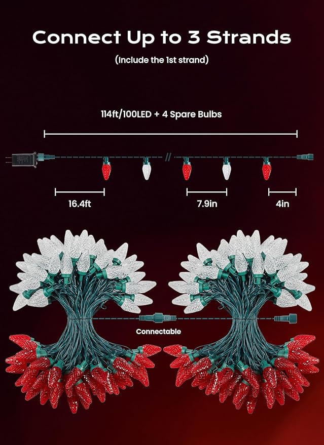 C9 Christmas Lights Outdoor, 100 FT 150 LED Connectable C9 String Lights with 8 Modes and Timer Xmas Tree Patio Roofline Garden Yard Holiday Party Indoor Outdoor Decoration, Red and White