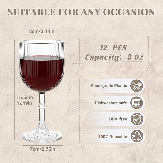 Plastic Wine Glasses 9oz Set of 12, Crystal Clear Ribbed Vintage Goblets Unbreakable Reusable BPA-Free Stemmed Drinking Glasses for Parties, Weddings & Events