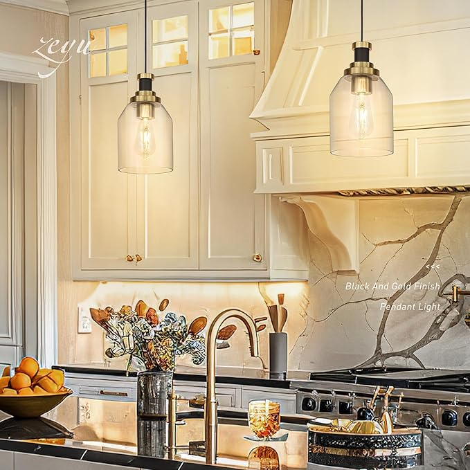 zeyu Large Pendant Lights Kitchen Island, 1-Light Clear Hanging Lights, Clear Glass Shade, Black and Gold Finish, ZG33M1L-L BK+BG
