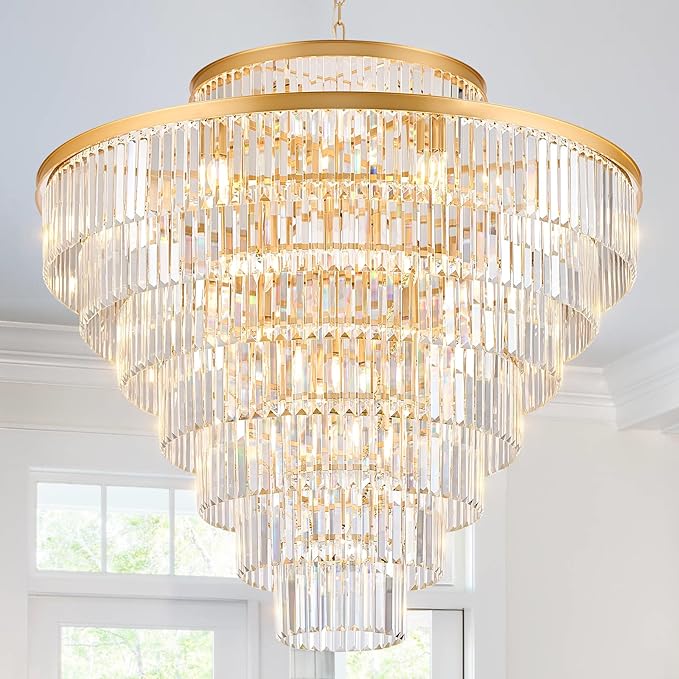 8 Tiers Large Gold Crystal Chandeliers 28 Lights 43.3" Modern Luxury Chandelier for High Ceiling Foyer Round K9 Ceiling Pendant Light Fixture for Living Dining Room Hotel Lobby