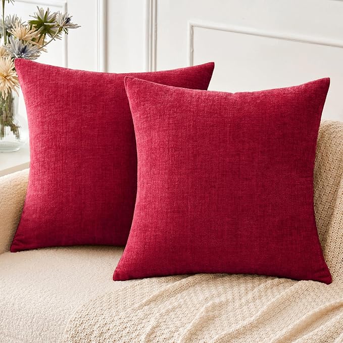 MIULEE Pack of 2 Christmas Red Couch Throw Pillow Covers 20x20 Inch Soft Polyester Chenille Pillow Covers for Sofa Living Room Solid Dyed Pillow