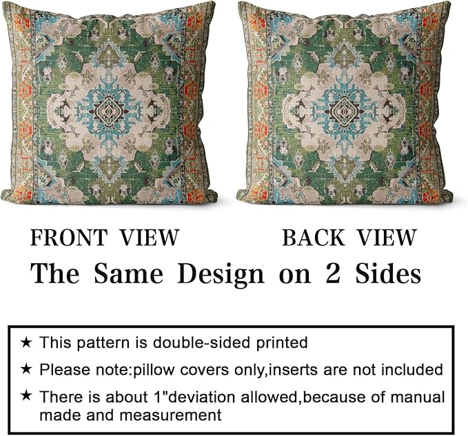 Snycler Boho Throw Pillow Covers 22x22 inch Set of 2 Boho Rug Carpet Double Sided Pattern Cotton Soft Pillow Case Cushion Cover Pillowcase for Couch Sofa Bed Decorative (Green)