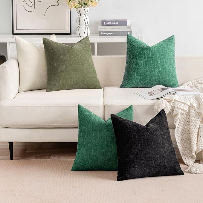 MIULEE Pack of 2 Christmas Decorative Throw Pillow Covers Soft Chenille Throw Pillows Solid Textured Cushion Covers for Couch Sofa Bedroom Living Room 18x18 Inch, Dark Green