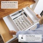 KitchenEdge Premium Silverware, Flatware and Utensil Organizer for Kitchen Drawers, Food-Safe Contract Grade, Expandable from 14.5 to 25 In, White Bamboo