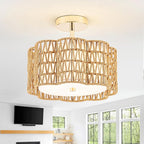 Tbaoinla✿ 13.8＂ Handwoven 3-Light Rattan Ceiling Light | Boho Flush Mount for Bedroom & Nursery, Natural Fiber Basket Light Fixture, Gold Light Fixture