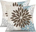 DFXSZ Brown Blue Flower Pillow Covers 20x20 Inch Set of 2 Summer Outdoor Waterproof Decor for Home Patio Funiture Garden Living Room Cushion Cover 002F20