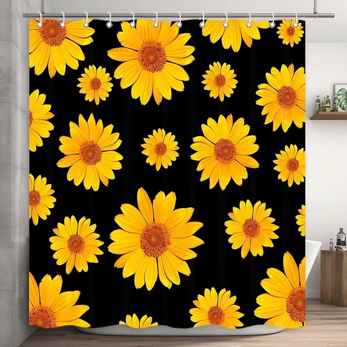 Black and Yellow Daisy Flower Shower Curtain, Rustic Farmhouse Botanical Waterproof Fabric with Hooks Set, 72x72 Inches
