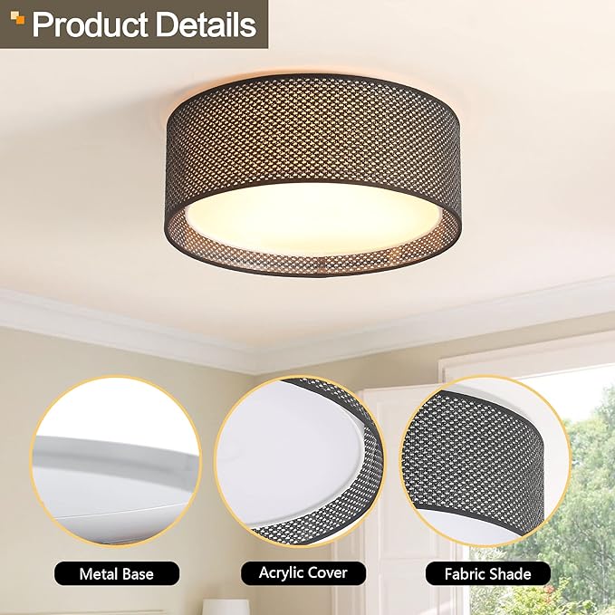 WINGBO 20" Modern 5-Light Flush Mount Ceiling Light Fixture with Fabric & Acrylic Double Drum Shade for Bedroom Living Room Dining Room Hallway Entryway, Black