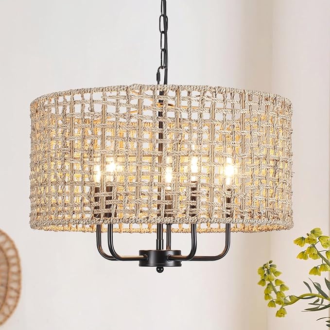 18.9" Hand-Woven Rattan Chandelier 5 Lights Farmhouse Boho Chandeliers for Dining Room Light Fixture Drum Wicker Hanging Pendant Lighting for Living Room Kitchen Island Foyer Hallway, E12