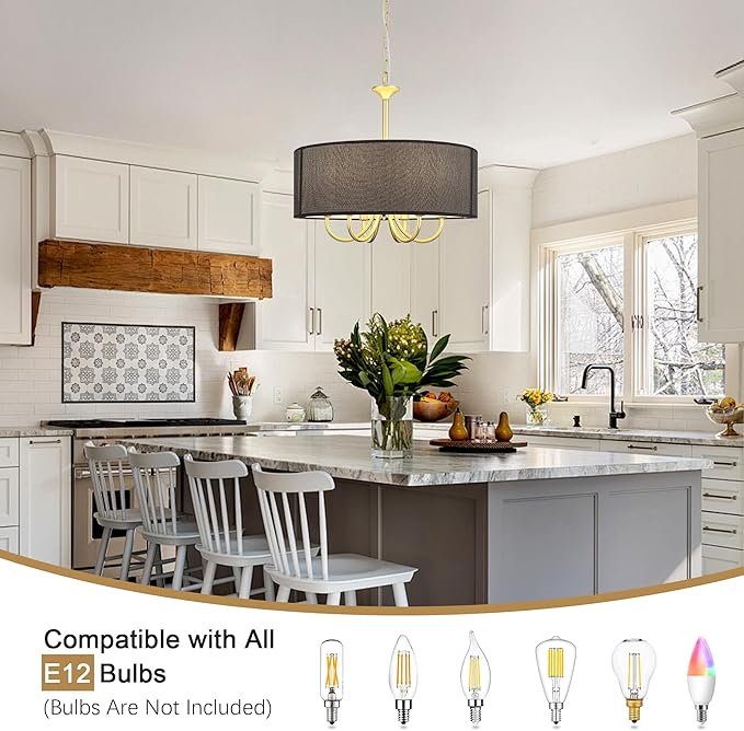 Gold Drum Chandeliers for Dining Room, 6-Light Black Farmhouse Chandelier Linen Light Fixture, 18'' Brass Round Chandelier Hanging Pendant Light for Bedroom Living Room Kitchen Foyer