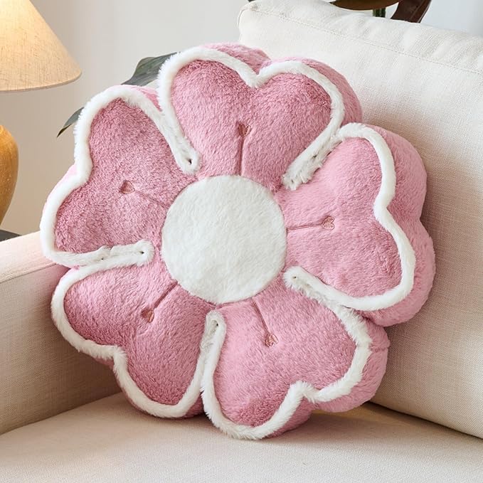 Flower Shaped Decorative Throw Pillow Cushion for Bed Couch, Cute Flower Plush Throw Pillows Home Decor Floor Pillow Seating Cushions (Grey Pink, 17.7 Inches)