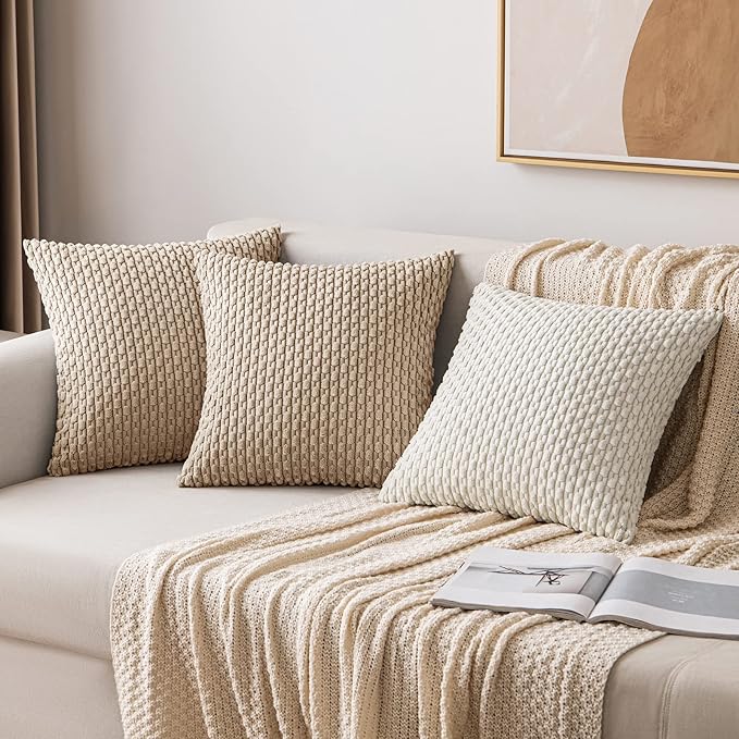 MIULEE Pack of 2 Decorative Throw Pillow Covers 24x24 Inch Soft Boho Striped Textured Corduroy Pillow Covers Modern Farmhouse Home Decor for Couch Bed Sofa Living Room Neutral Tan