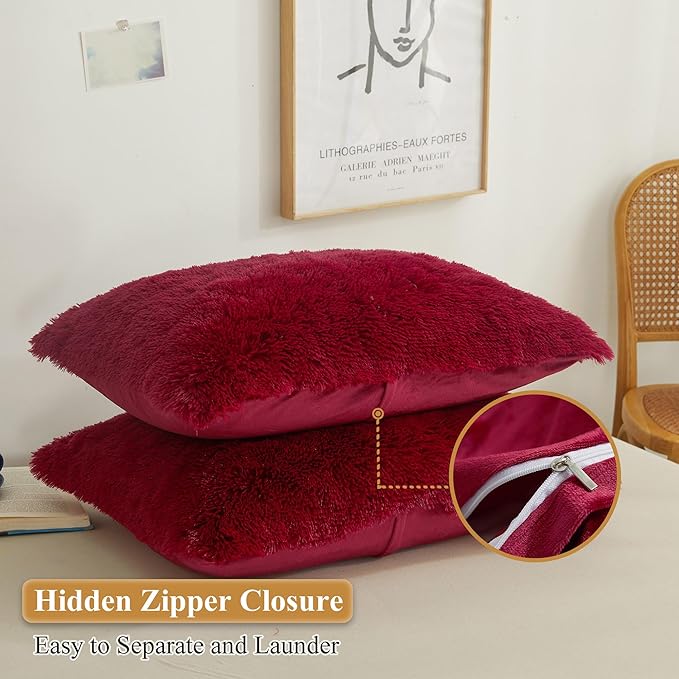 XeGe Faux Fur Fluffy Pillow Cases, Plush Shaggy Ultra Soft Furry Pillow Shams, Crystal Velvet Fuzzy Pillow Covers, Decorative Pillowcases for Bed Couch Sofa Zipper Closure, Set of 2 (King, Red)