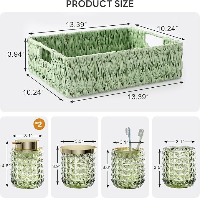 Bathroom Accessory Set with Plastic Wicker Basket,Glass Bathroom Accessories Set Green Bathroom Sets Bathroom Set, Diamond Soap Dispenser and Toothbrush Holder Set for Bathroom Decor
