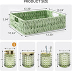 Bathroom Accessory Set with Plastic Wicker Basket,Glass Bathroom Accessories Set Green Bathroom Sets Bathroom Set, Diamond Soap Dispenser and Toothbrush Holder Set for Bathroom Decor
