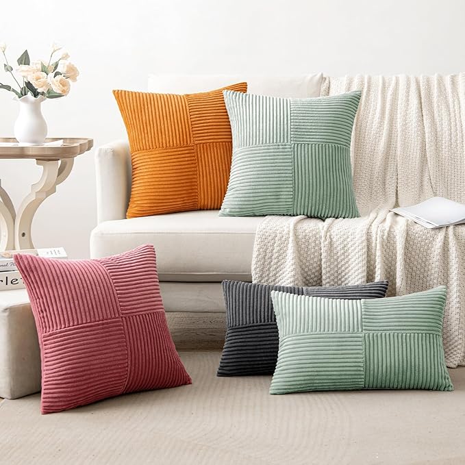 MIULEE Mint Corduroy Pillow Covers Pack of 2 Boho Decorative Spliced Throw Pillow Covers Soft Solid Couch Pillowcases Cross Patchwork Textured Cushion Covers for Spring Living Room Bed Sofa 18x18 inch