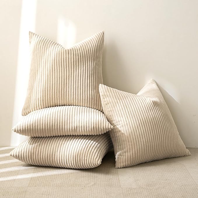 MIULEE Boho Farmhouse Throw Pillow Covers 18x18 Inch Set of 4 Mordern Nordic Cushion Covers Soft Corduroy Home Decor for Couch Bed Sofa Living Room Beige