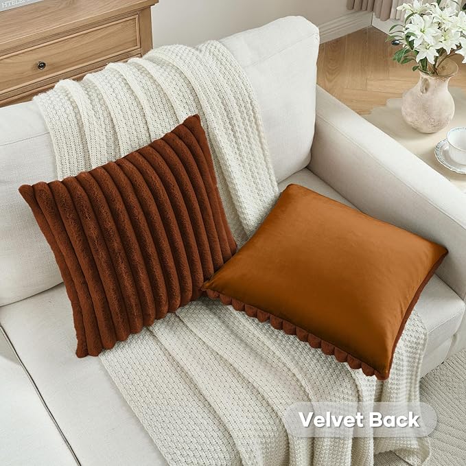 FUTEI Rust Striped Decorative Throw Pillow Covers 12x20 Inch Set of 2,Rectangle Winter Decorations Couch Lumbar Pillowcase,Soft Cozy Faux Rabbit Fur & Velvet Back,Modern Home Decor for Bed
