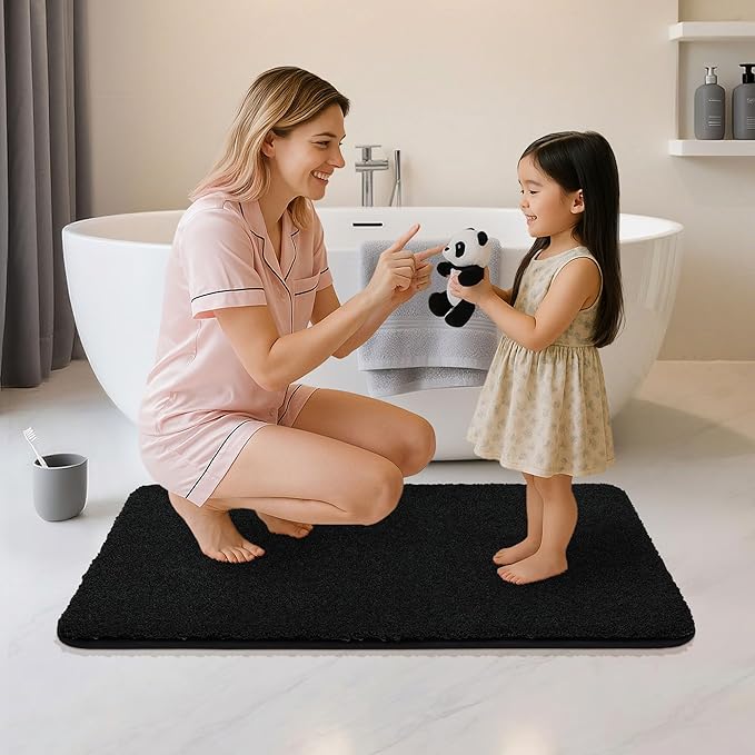 COSY HOMEER Bathroom Rugs Mat 24”x48” Absorbent Non-Slip Bath Mat Plush Shaggy Machine Washable Bath Rugs Soft Polyester Bath Mats for Bathroom Floor,Tub and Shower,Black