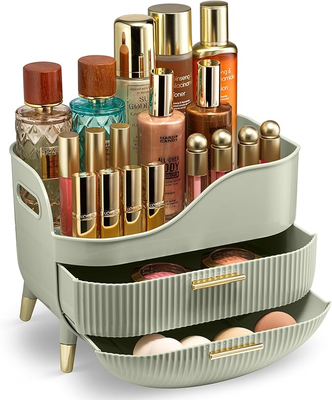 Large Makeup Cosmetic Countertop - Cosmetic Organizer - Vanity, Bathroom Storage for Skin Care Organizer - Space-Saving Design with Drawers - Open-Top, Gold Accents, Portable Side Handles (Green)