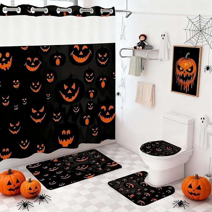 Hookless Halloween Shower Curtain Set with Rugs, Pumpkin Bathroom Halloween Decorations, U Shaped Rug, Toilet Lid Cover, Bath Mat, Waterproof Fabric Evil Pumpkin Design, 71" W x 74" L