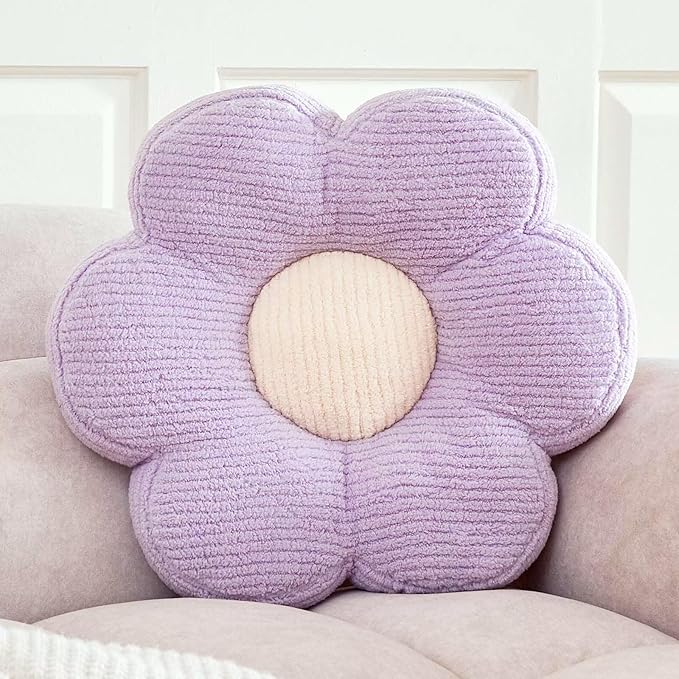 Flower Pillow, Cute Daisy Decorative Pillow for Bed, Soft Home Decor Floor Seating Cushion (Lavender, 14.9 Inches)