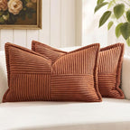 MIULEE Dark Rust Fall Decorative Lumbar Throw Pillow Covers for Couch Bed Livingroom 12x20 Inch Set of 2 Boho Accent Throw Pllows Broadside Striped Patchwork Soft Corduroy Pillowcases