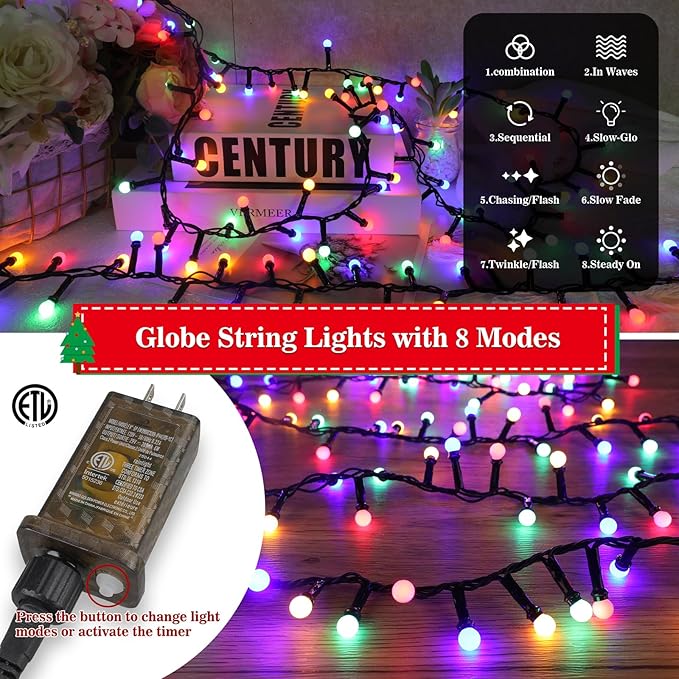 33FT 500 LED Christmas Lights Plug-in, Mini Globe Lights Outdoor Indoor with 8 Modes for Bedroom Party Wedding Garden Christmas Tree Deco(Multicolor)