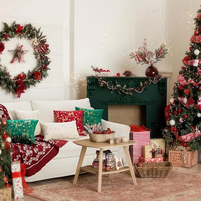 Topfinel Christmas Pillow Covers 12x20 Set of 2,Xmas Cream Velvet Snowflake Reindeer Decorative Pillow Case Winter Holiday Decor for Home Couch,White and Gold