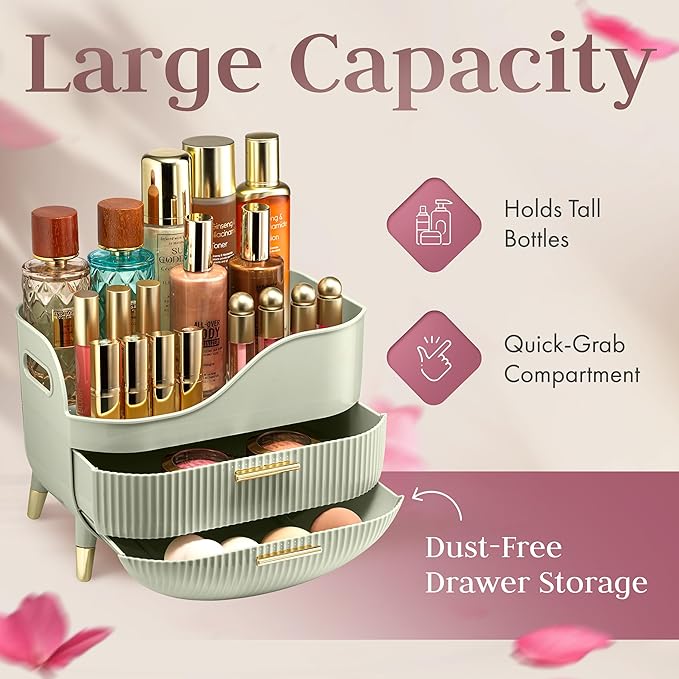 Large Makeup Cosmetic Countertop - Cosmetic Organizer - Vanity, Bathroom Storage for Skin Care Organizer - Space-Saving Design with Drawers - Open-Top, Gold Accents, Portable Side Handles (Green)