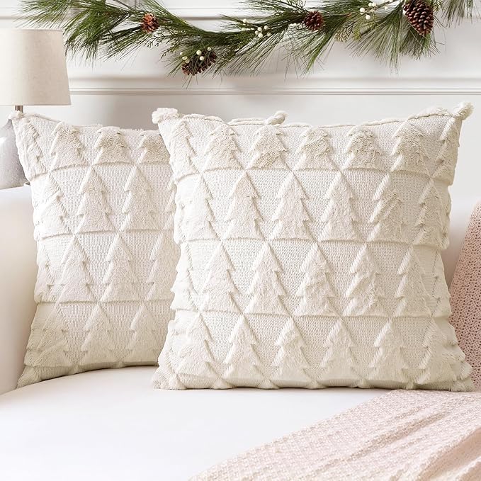 OTOSTAR Set of 2 Soft Plush Short Wool Velvet Decorative Throw Pillow Covers Square Luxury Style Cushion Case Pillow Shell for Sofa Bedroom Christmas Tree Cream Beige, 28x28 Inch