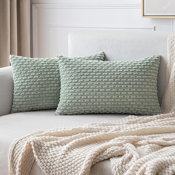 MIULEE Pack of 2 Decorative Lumbar Throw Pillow Covers 12x20 Inch Soft Boho Striped Textured Corduroy Pillow Covers Modern Farmhouse Home Decor for Couch Bed Sofa Living Room Greyish Green
