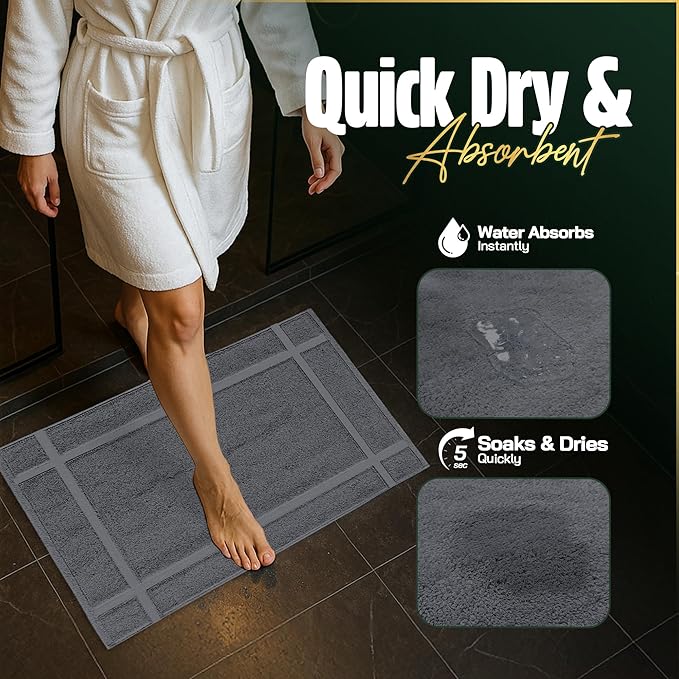 Pearl Linens Pack of 2 Washable Cotton Bath Mat 20x30 - Soft & Absorbent Quick Dry Bathroom Mat Set, Not Bathroom Rugs After Shower Mat, Terry Bath Tub Mat, 687 GSM Dark Grey