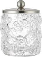Home Glass Cotton Jar Holder Nickel Lid, Elegant Bathroom Storage Canister for Qtips, Cotton Balls, Floss, Makeup Organizer, Vanity Bathroom Organization (UPDATED NICKEL)