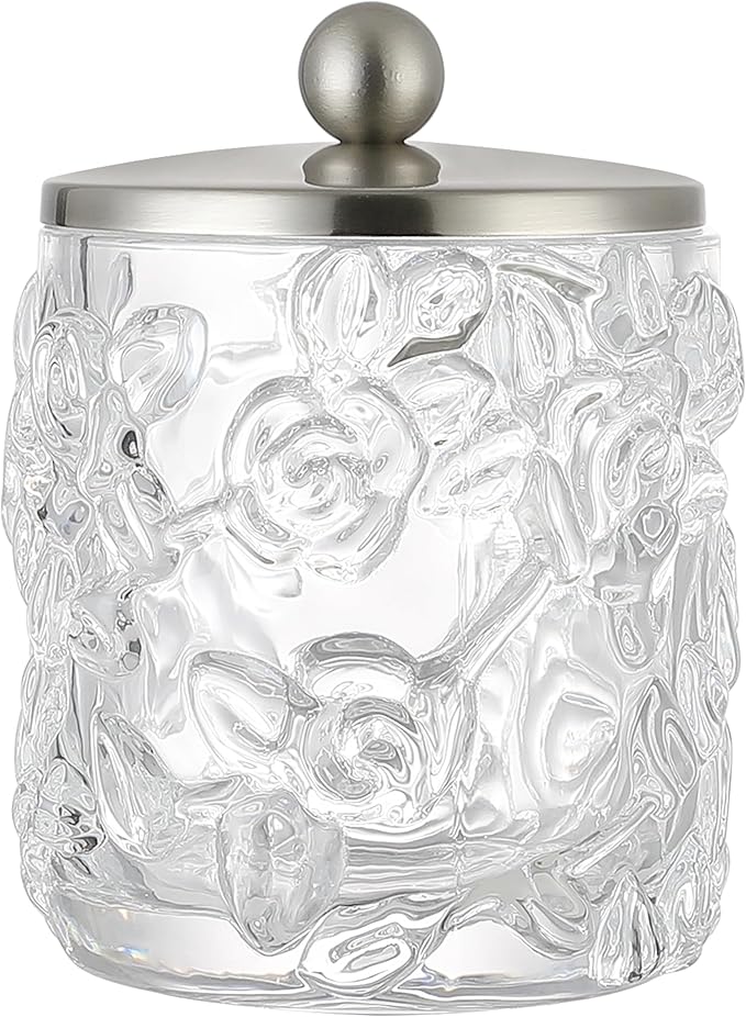 Home Glass Cotton Jar Holder Nickel Lid, Elegant Bathroom Storage Canister for Qtips, Cotton Balls, Floss, Makeup Organizer, Vanity Bathroom Organization (UPDATED NICKEL)
