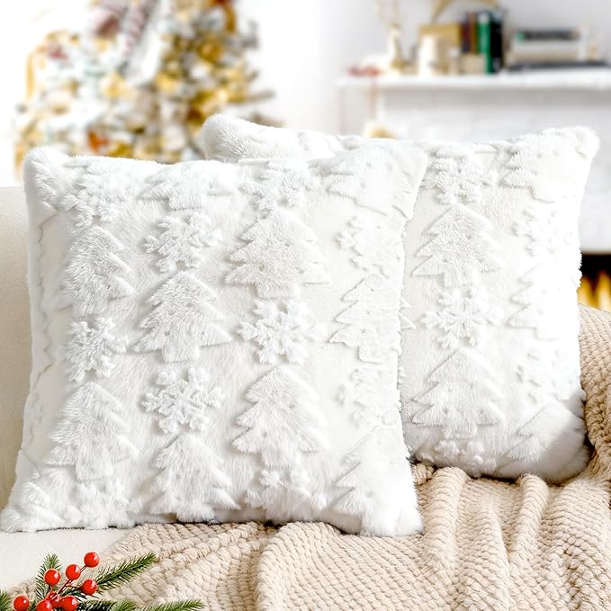 Touchat Christmas Pillow Covers 18x18, Soft Faux Rabbit Fur Throw Pillow Covers with 3D Embroidery Christmas Tree and Snowflake Design for Winter Holiday Home Decor, Couch Sofa Bedroom, White