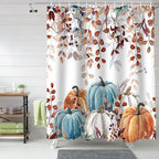 Fall Thanksgiving Shower Curtain, Watercolor Autumn Pumpkins Eucalyptus Leaves Shower Curtains Set with Hooks, Blue Orange Waterproof FabricBathroom Decor Home Accessories,Stall 48 X 72 Inch