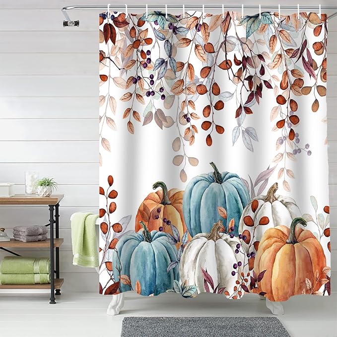 Fall Thanksgiving Shower Curtain, Watercolor Autumn Pumpkins Eucalyptus Leaves Shower Curtains Set with Hooks, Blue Orange Waterproof FabricBathroom Decor Home Accessories,72X 96 Inch Extra Long