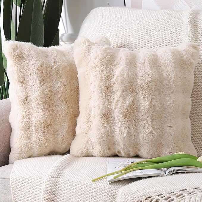 MADIZZ Pack of 2 Thick Plush Wool Throw Pillow Covers 26x26 Inch Beige Soft Neutral Decorative Throw Pillows Accent Boho Cushion Covers for Couch Sofa Bedroom Pillow Shell