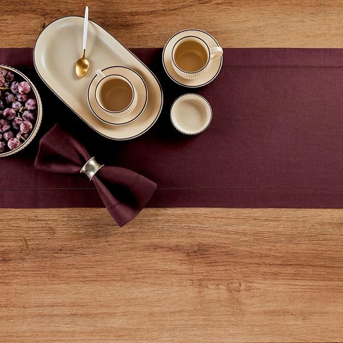 Solino Home Linen Burgundy Table Runner 132 Inches Long - 100% Pure Linen Extra Long Table Runner 14 x 132 Inch for Fall, Autumn, Thanksgiving, Christmas - Classic Hemstitch