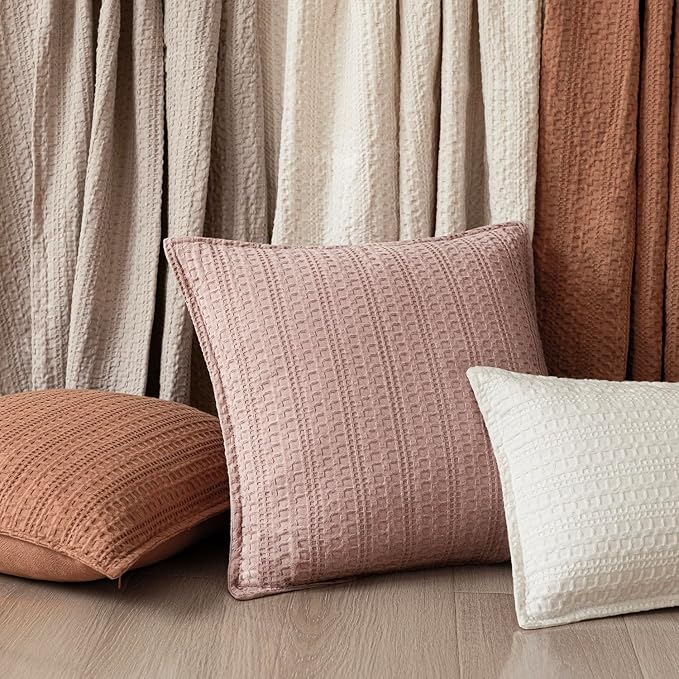 Foindtower Set of 2 Decorative Cotton Waffle Weave Lumbar Throw Pillow Covers Euro Shams Cushion Covers Accent European Pillowcase for Bed Couch Bedroom Living Room Home Decor 12×20 Inch Dusty Pink