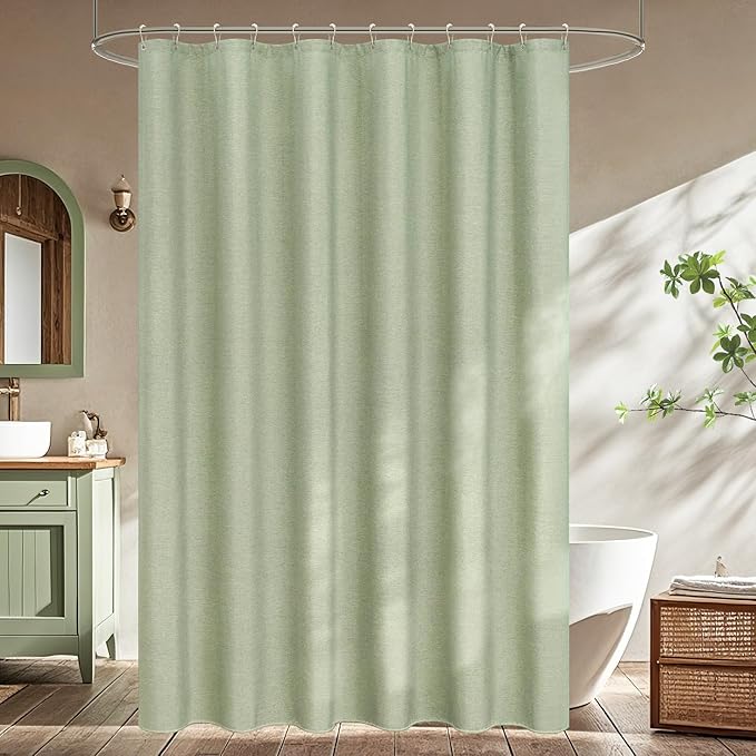 Sage Green Faux Linen Textured Shower Curtain Water-Resistant, Heavy Duty Farmhouse Fabric Shower Curtain Washable, 72 x 72 Inch Forest Green Linen Look Bathroom Shower Curtains Wrinkle-Free