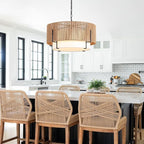 25.6" Large Rattan Chandelier, 6-Light Boho Pendant Light with Fabric Shade, Farmhouse Rattan Hanging Ceiling Light Fixture for Dining Room, Living Room, Kitchen Island, Bedroom, Hallway, Foyer