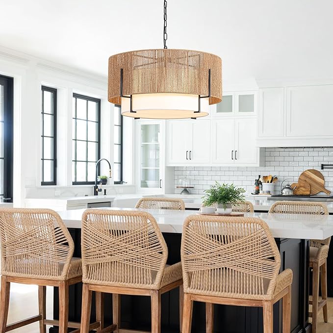 25.6" Large Rattan Chandelier, 6-Light Boho Pendant Light with Fabric Shade, Farmhouse Rattan Hanging Ceiling Light Fixture for Dining Room, Living Room, Kitchen Island, Bedroom, Hallway, Foyer